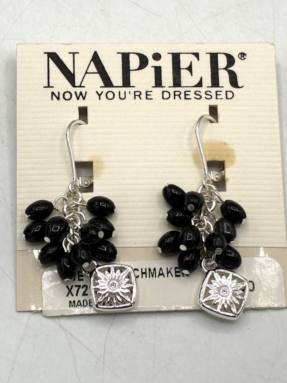 Vintage 2006 Napier Black Bead Dangle Earrings NOS Original Card Y2K